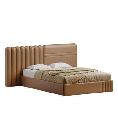 Beyaz yastıklı ve yeşil battaniyeli kahverengi bir yatak. Yatak yapıldı ve üzerinde beyaz bir yastık var.