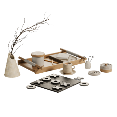 Tic-tac-toe tahtası ve içinde bir dal olan bir vazo..