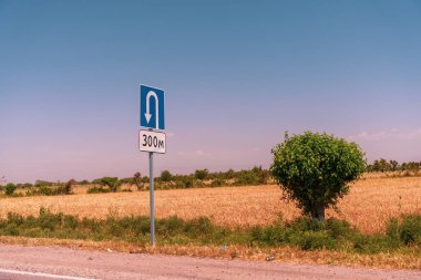Solu ve 300 metreyi gösteren mavi oklu bir tabela. Arka planda bir ağaç var.