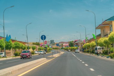 Arabası olan bir cadde. Sokakta başka arabalar da var. Sokaklar ağaçlarla dolu.
