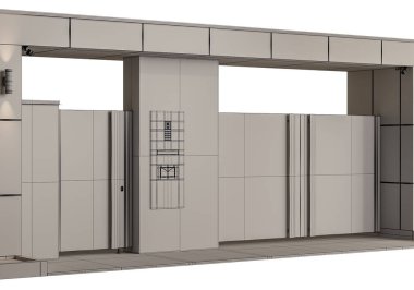 Kapısı ve penceresi olan beyaz bir duvar. - Kapı kapalı. Pencere açık.