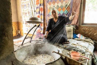 Özbekistan 'da ipek iplerle çalışan bir kadın.