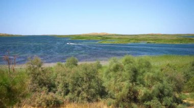Motorlu tekne suyun üzerinde hızla hareket eder..