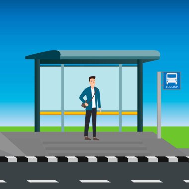 Bir adam otobüs durağında otobüs bekliyor. Vektör illüstrasyonu.