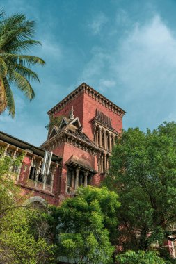Chennai, Tamil Nadu, Hindistan - 02.07.2025: Önünde yüksek kulesi ve yeşil ağacı olan tuğla bir bina. Bina eski. Chennai 'de.
