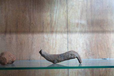 Chennai, Tamil Nadu, Hindistan - 02.07.2025: Cam bir rafta bir tahta parçası var. Tahta kahverengi ve kıvrımlı bir şekli var. Chennai 'de.