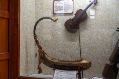 Chennai, Tamil Nadu, Hindistan - 02.07.2025: Büyük, eğri bir nesnenin yanında bir keman sergilenmektedir. Nesne bir müzik aleti. Chennai 'de.