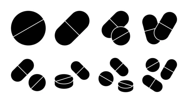 Ikona Pigułki Zestaw Ilustracji Ikona Kapsułki Znak Symbol Narkotyków — Wektor stockowy