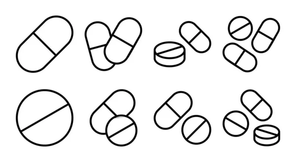 Pilules Icône Set Illustration Icône Capsule Signe Symbole Drogue — Image vectorielle