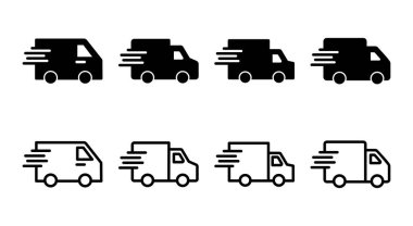 Teslimat kamyonu ikonu çizimi. Teslimat kamyonu işareti ve sembol. Hızlı dağıtım simgesi gönderiliyor