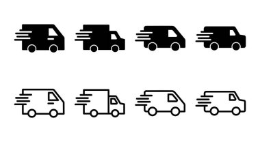 Teslimat kamyonu ikonu çizimi. Teslimat kamyonu işareti ve sembol. Hızlı dağıtım simgesi gönderiliyor