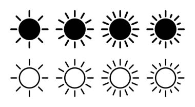 Güneş simgesi çizimi. Parlaklık işareti ve sembol.