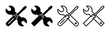 Onarım araçları simgesi çizimi. araç işareti ve sembol. Simge ayarlanıyor. İngiliz anahtarı ve tornavida. Servis