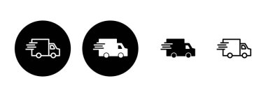 Teslimat kamyonu ikonu çizimi. Teslimat kamyonu işareti ve sembol. Hızlı dağıtım simgesi gönderiliyor