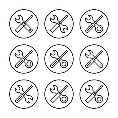 Onarım araçları ikon vektör illüstrasyonu. araç işareti ve sembol. Simge ayarlanıyor. İngiliz anahtarı ve tornavida. Servis