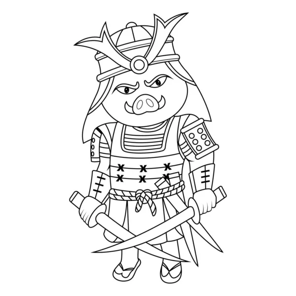 Samurai Porco Mascote Logotipo Linha Arte —  Vetores de Stock
