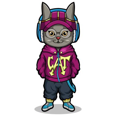 Cool Cat with headphones mascot clipart