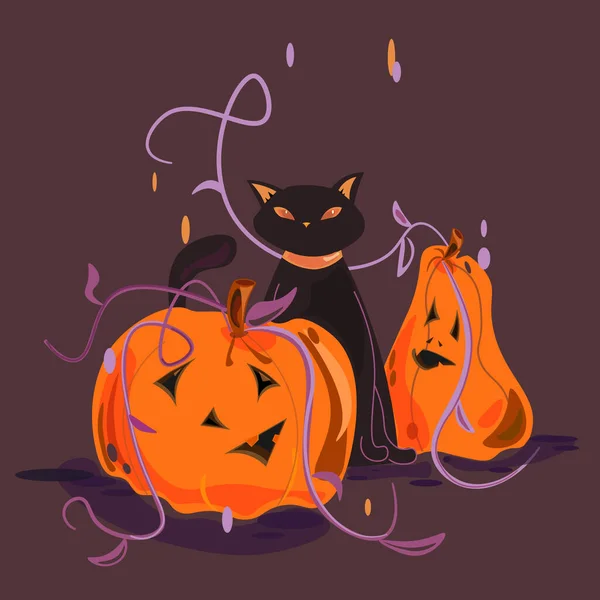 Poster Halloween Cat Pumpkins — Stock Vector