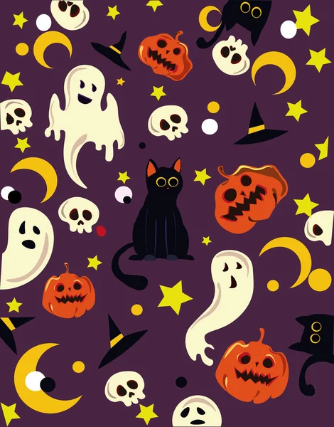 Cadılar Bayramı Kedi Balkabağı Kafatası Cadı — Stok Vektör
