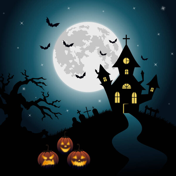 Moonlit graveyard with old church, bats and pumpkins. Halloween design