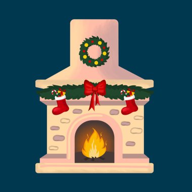 Çoraplı şömine, Noel çelengi, Noel ağacı, mumlar ve hediyeler. Yeni yılınız kutlu olsun. Yeni yıl ve Noel kutlaması. Vektör düz biçim illüstrasyonu