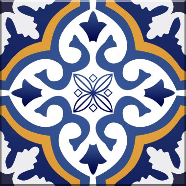 Portekiz Azulejo fayansları. seramik fayans tasarımı. Vektör modeli. Mavi ve beyaz fayanslar. İspanyolca, Portekizce, Portekizce, Portekizce, Azujos,