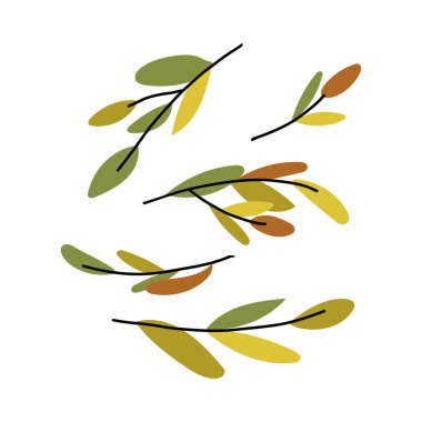 Sıcak turuncu ve sarı tonlarda sonbahar yaprağı çizimi, el yapımı vektör grafik çizimi olarak çizilmiş botanik dallar ve dallar.