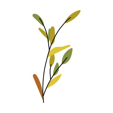 Sıcak turuncu ve sarı tonlarda sonbahar yaprağı çizimi, el yapımı vektör grafik çizimi olarak çizilmiş botanik dallar ve dallar.