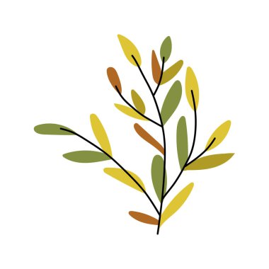 Sıcak turuncu ve sarı tonlarda sonbahar yaprağı çizimi, el yapımı vektör grafik çizimi olarak çizilmiş botanik dallar ve dallar.