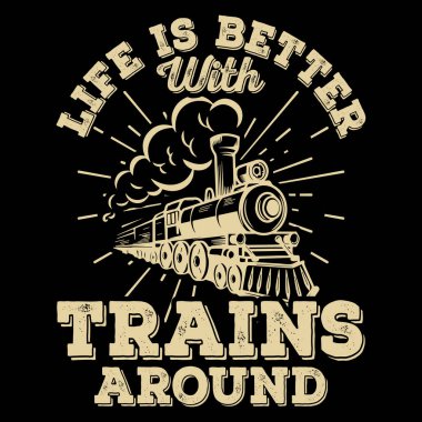 Komik tren istasyonunun etrafındaki trenlerle hayat daha güzel. Eski moda tren tişörtü tasarımı.