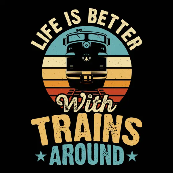 Komik tren istasyonunun etrafındaki trenlerle hayat daha güzel. Eski moda tren tişörtü tasarımı.