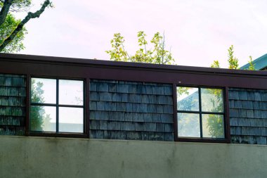 Çift pencereli ve çatısı olmayan gizli bahçe ya da teras duvarı. Ahşap paneller ya da tahta levhalar beyaz boya, ağaçlar ve kirli pencerelerden yeşillikler ve arka planda gölgeler..