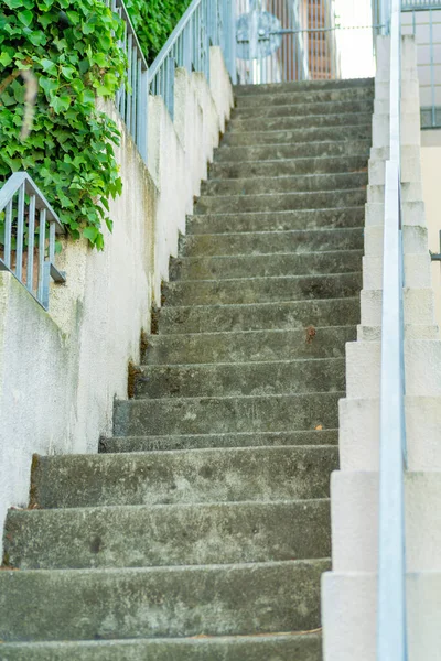 Conjunto Longo Escadas Cimento Com Corrimão Estuque Branco Com Corrimão — Fotografia de Stock