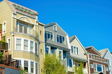 San Francisco 'nun tarihi bölgelerindeki evler. Gün ortası güneşinde açık mavi gökyüzü arka planıyla. Ön bahçedeki ağaçlar ve çalılar çevredeki binalara dekoratif cephelerle bakıyor..