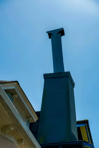 Chimney Blue Stucco Paint Gray Metal Pipe Wooden Roof Visible — Stock Photo, Image