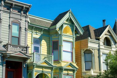 San Francisco 'nun tarihi bölgelerindeki dekoratif ev cepheleri mahallede ya da şehirde öğlen güneşinde. Şehir merkezinde, yeşil kahverengi, bej yüzlü ve ön bahçe ağaçlarıyla.