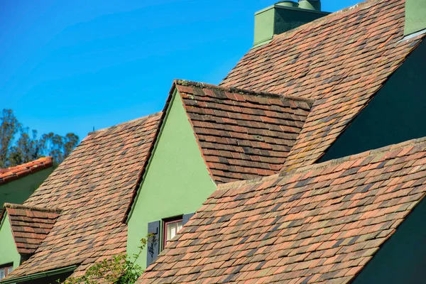 Koyu Kahverengi Çatılar Tek Bir Gable Tarzı Çatı Yeşil Sıva — Stok fotoğraf