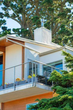 Beyaz sıva, balkonlarla, metal parmaklıklarla ahşap kirişlerle, renklerle ve ön bahçe ağaçlarıyla çekilmiş. Mahallede ya da kenar mahallelerde doğal vejitasyon.