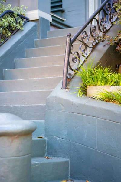 Gray cement stairs with black metal hand rail and front yard potted plants with shrubs to front door entrance in late afternoon shade. In the suburban part of the downtown city or in neighborhood.