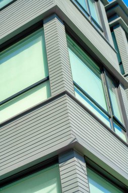 Görünür yeşil pencereler, siyah aksanlı kirişler ve şehirdeki boyalar gibi yatay panelleri olan metal bir bina. Mahallenin kentsel kesiminde iş ya da sanayi binası.