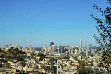 San Francisco 'nun tarihi bölgelerinde görünen ön bahçeli ağaçlarla birlikte birçok bina ve gökdelenleri olan şehir merkezi. Şehir merkezindeki yapıda dağları olan mavi eğimli gökyüzü..