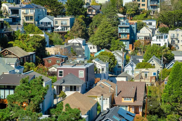 View of entire neighborhood in the historic districts of downtown san francisco california in city with front and back yard trees. In sunlight midday with visible roofs and windows on homes.