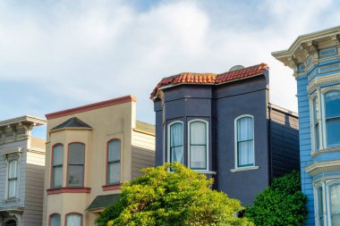 Renkli ev cephesi kısmi gölgede dış yüzeyinde güneş lekeleri, dekoratif pencereler ve ön bahçe ağaçlarıyla. Öğleden sonra San Francisco 'nun bir kenar mahallesinde ya da banliyöde.