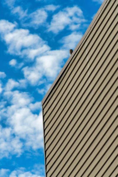 Hnědá Horizontálně Roštová Nebo Dřevěná Budova Exteriér Plochou Střechou Modrou — Stock fotografie