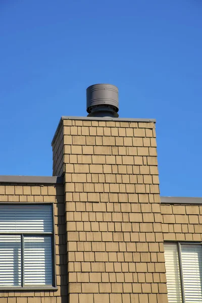 Slatted Wooden Exterior Visible Metal Windows Gray Metal Chimney Vent — Stock Photo, Image