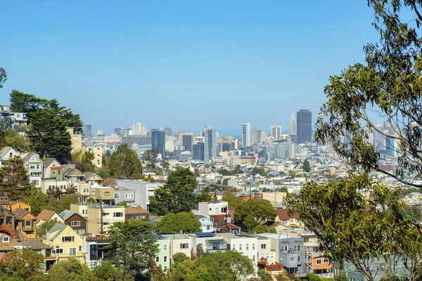 Skrytý Rozhledna Historických Okresech San Francisca Kalifornie Popředí Stromů Mrakodrapů — Stock fotografie