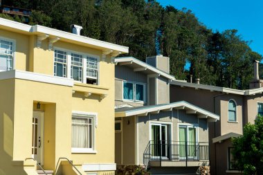 House facades or exteriors in the historic districts of downtown san francisco california in late afternoon sun. Blue sky and backyard forest in middle class american dream neighborhoods.