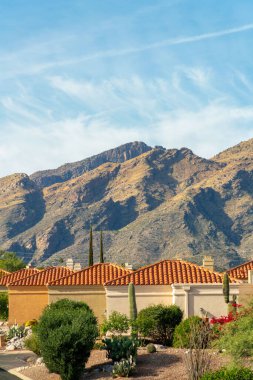 Row of modern adobe style houses with red roof tiles and beige and brown stucco exteriors with front yard desert plants. In afternoon with moutains and blue and white sky background in neighborhood.
