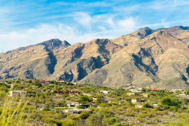 Towering moutains with desert mansion community in the wilderness of arizona in a rural neighborhood with native cactuses. Trees and homes and houses with blue sky in suburban area of sonora desert.