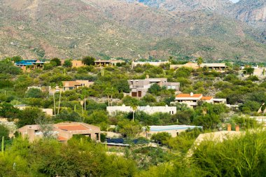 Many sprawling mansions in the rural part of the neighborhood in the sonora desert of arizona in north america. In late afternoon sun with background moutains and visible downtown rooftops.